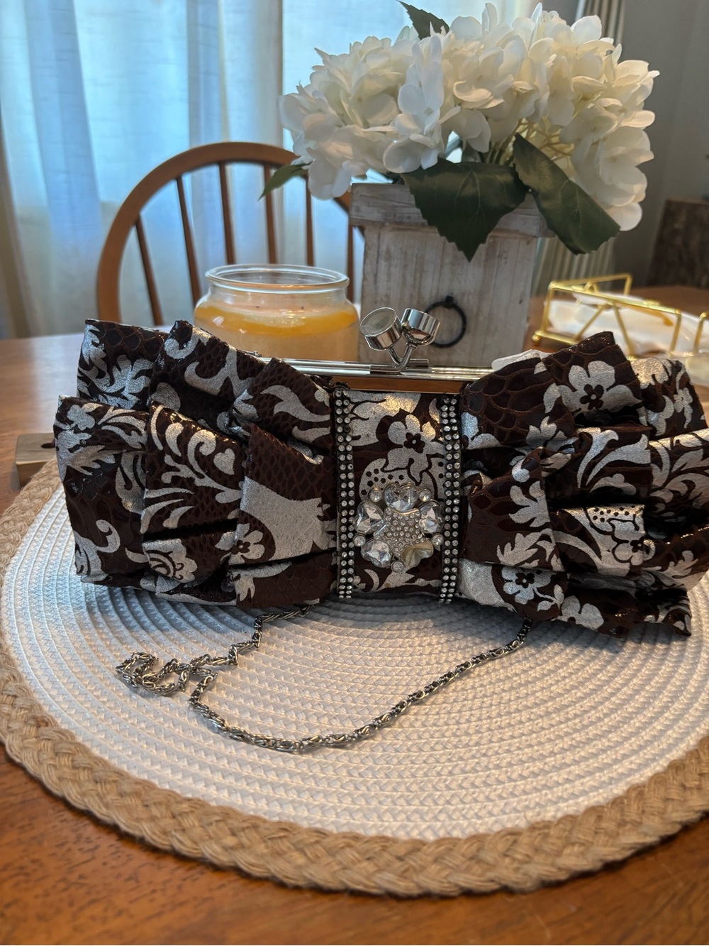 Embellished Brown and Cream Bow Clutch with Chain
